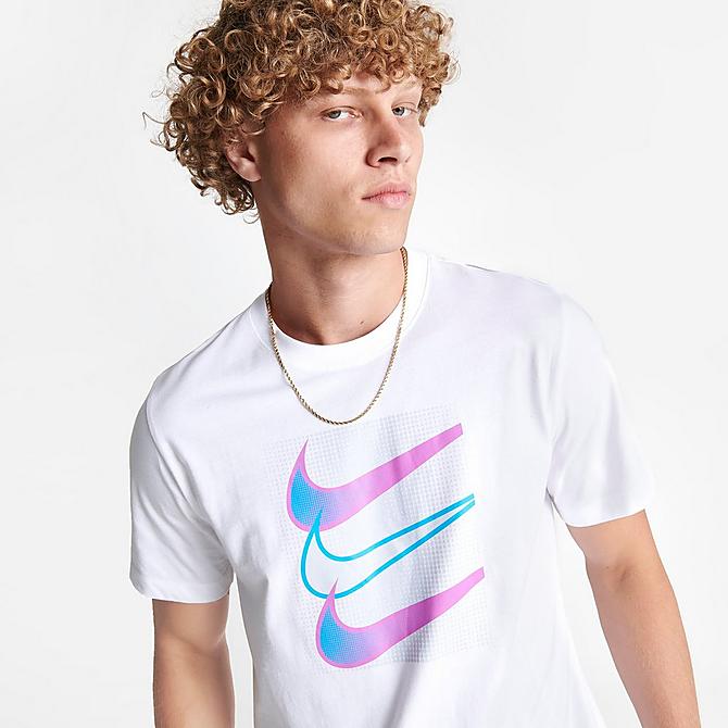 On Model 5 view of Men's Nike Sportswear Triple Swoosh Graphic T-Shirt in White Click to zoom
