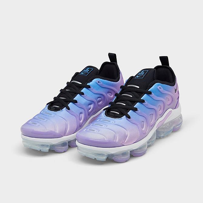 Three Quarter view of Women's Nike Air VaporMax Plus Running Shoes in Lilac/University Blue/Barely Grape/Black Click to zoom