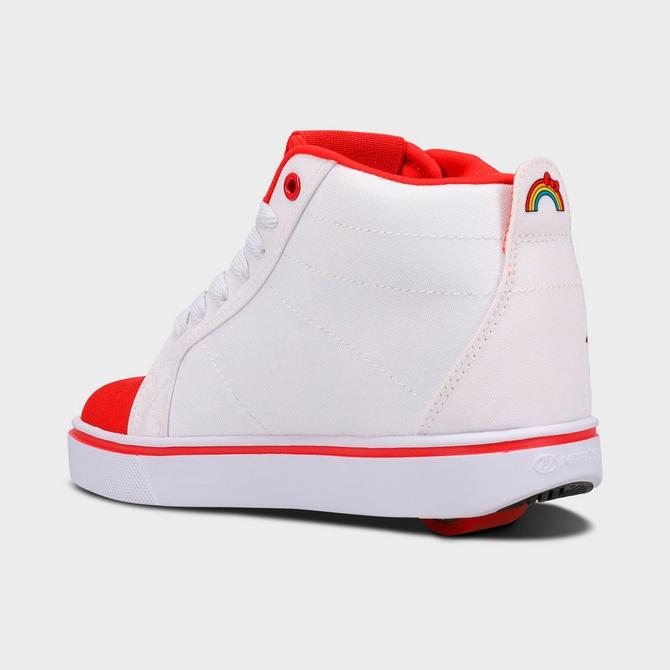 Front view of Girls' Little Kids' Heelys x Hello Kitty Racer Mid Casual Shoes in White/Red Click to zoom