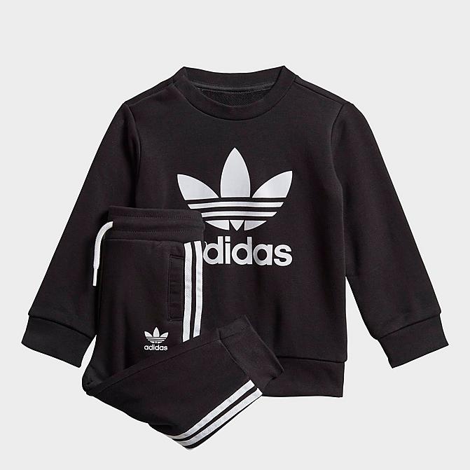 Front view of Infant and Kids' Toddler adidas Originals Crewneck Sweatshirt and Jogger Pants Set in Black/White Click to zoom