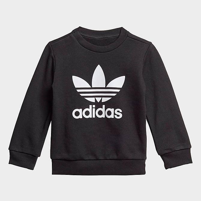 Front Three Quarter view of Infant and Kids' Toddler adidas Originals Crewneck Sweatshirt and Jogger Pants Set in Black/White Click to zoom