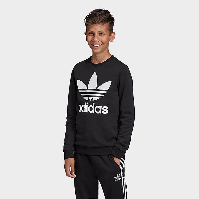 Front view of Kids' adidas Originals Trefoil Crewneck Sweatshirt in Black/White Click to zoom