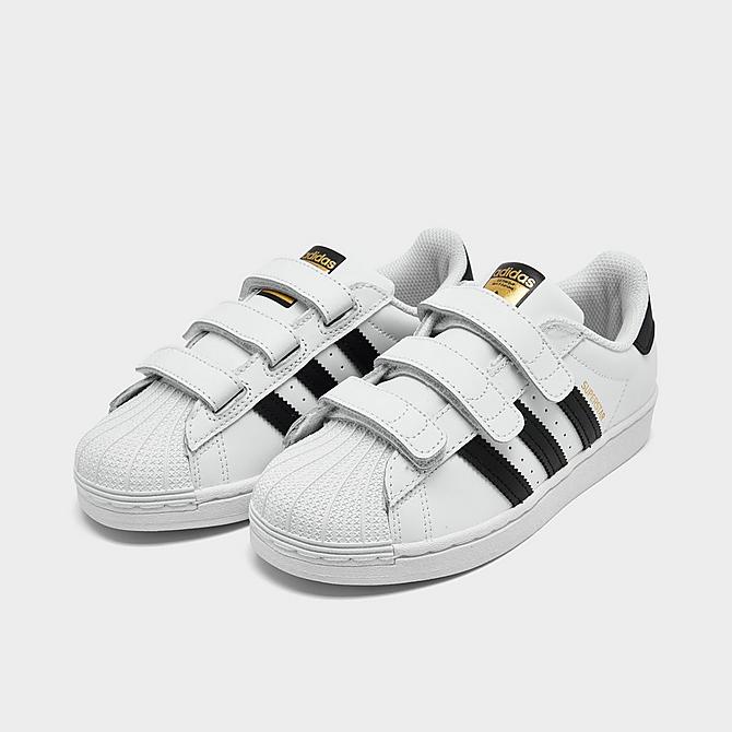 Three Quarter view of Boys' Little Kids' adidas Originals Superstar Hook-and-Loop Casual Shoes in White/Black Click to zoom