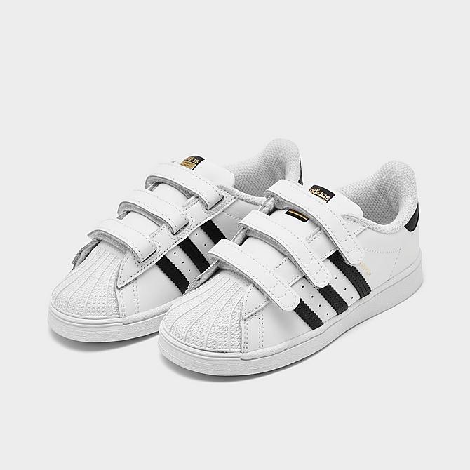 Three Quarter view of Boys' Toddler adidas Originals Superstar Hook-and-Loop Casual Shoes in Cloud White/Core Black Click to zoom