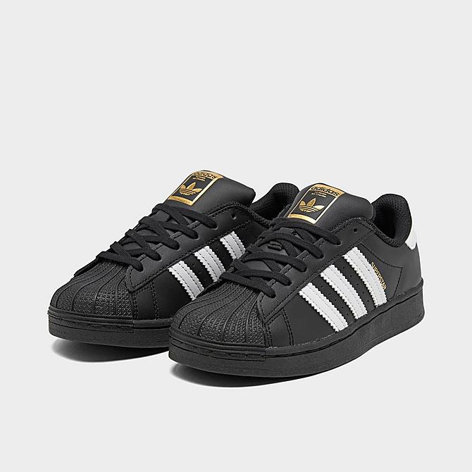 Three Quarter view of Little Kids' adidas Originals Superstar Casual Shoes in Black/White/Black Click to zoom