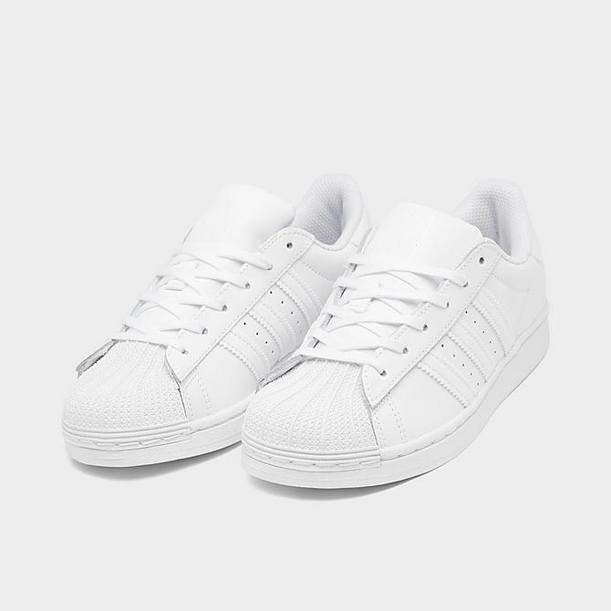 Three Quarter view of Little Kids' adidas Originals Superstar Casual Shoes in White/White/White Click to zoom