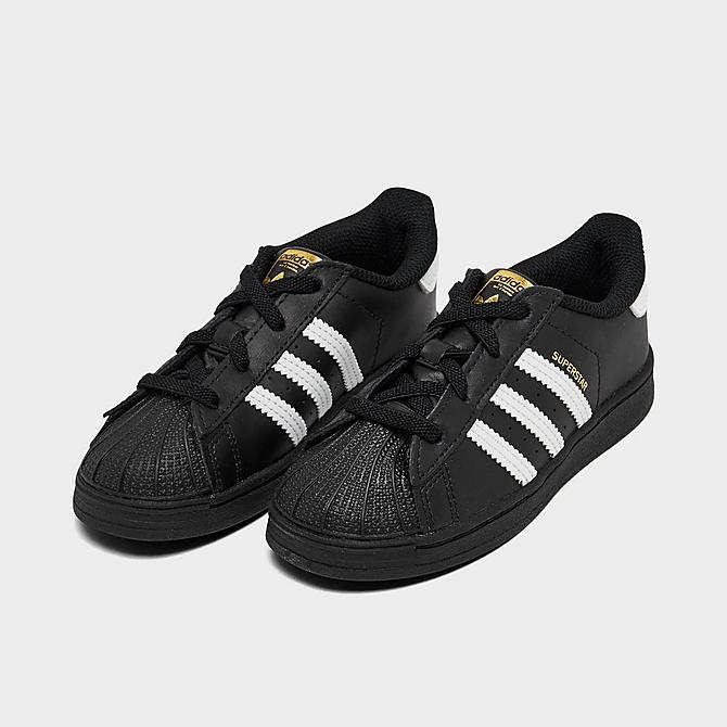 Three Quarter view of Kids' Toddler adidas Originals Superstar Casual Shoes in Core Black/Footwear White Click to zoom