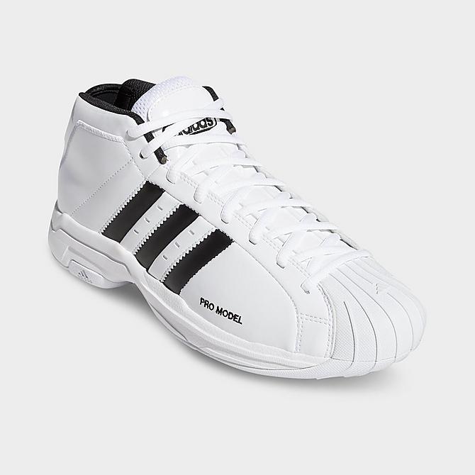 Three Quarter view of Men's adidas Pro Model 2G Basketball Shoes in White/Black/White Click to zoom