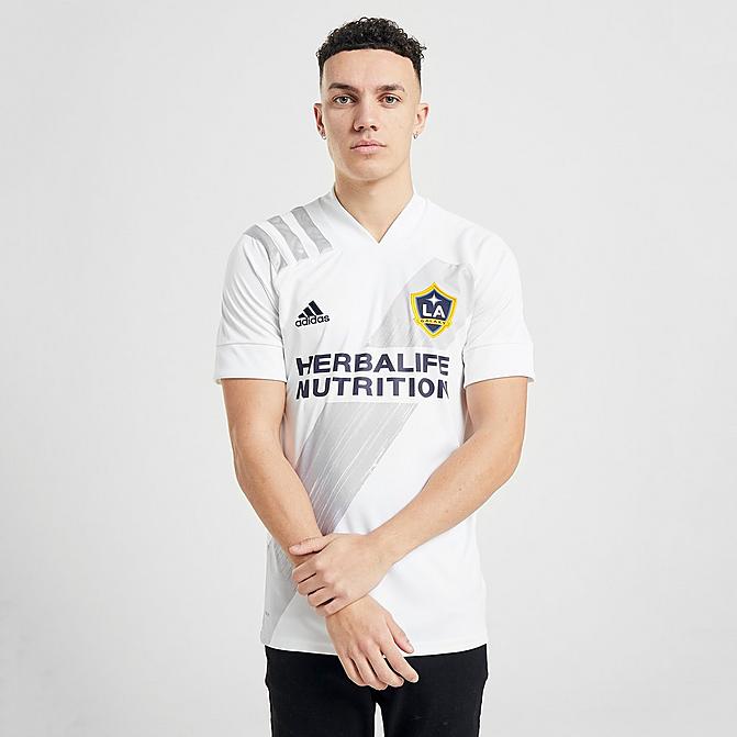 [angle] view of Men's adidas LA Galaxy Home Soccer Jersey in White Click to zoom