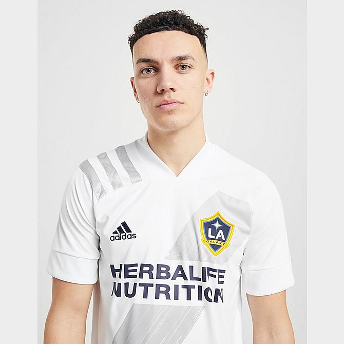 [angle] view of Men's adidas LA Galaxy Home Soccer Jersey in White Click to zoom
