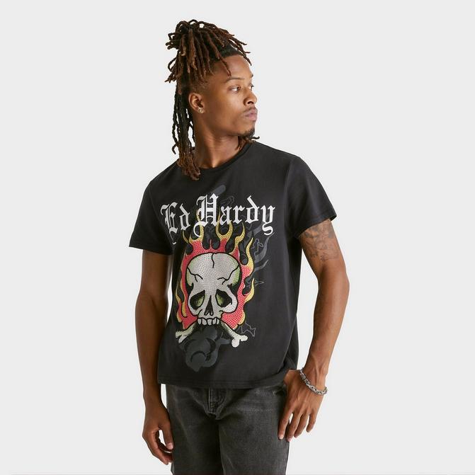 [angle] view of Men's Ed Hardy Flame Skull Rhinestone T-Shirt in Black Click to zoom
