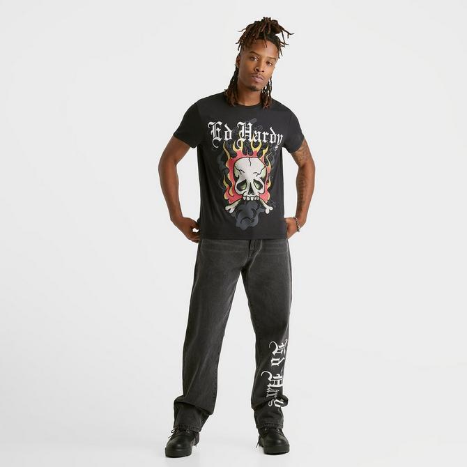 [angle] view of Men's Ed Hardy Flame Skull Rhinestone T-Shirt in Black Click to zoom