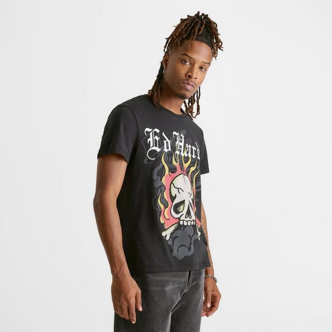 [angle] view of Men's Ed Hardy Flame Skull Rhinestone T-Shirt in Black Click to zoom