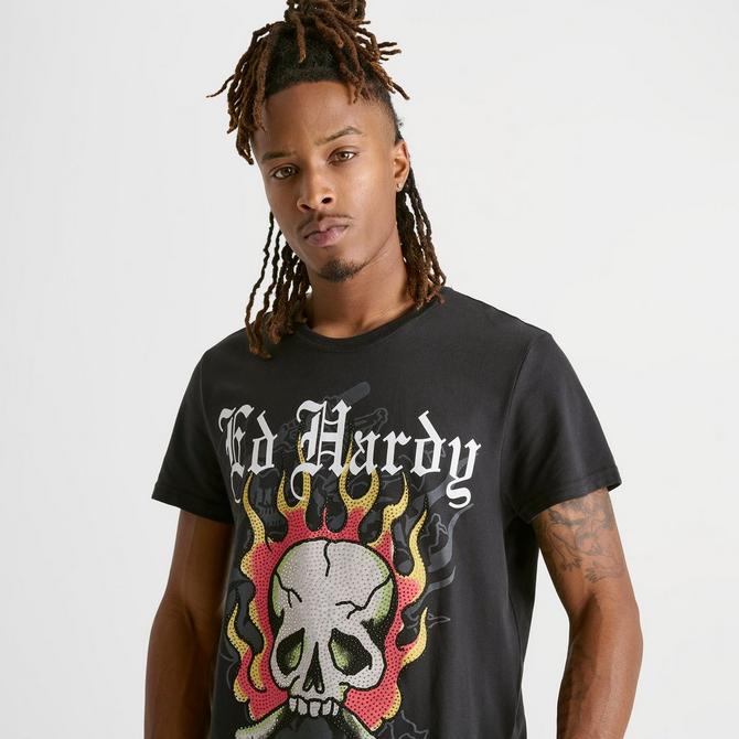 [angle] view of Men's Ed Hardy Flame Skull Rhinestone T-Shirt in Black Click to zoom
