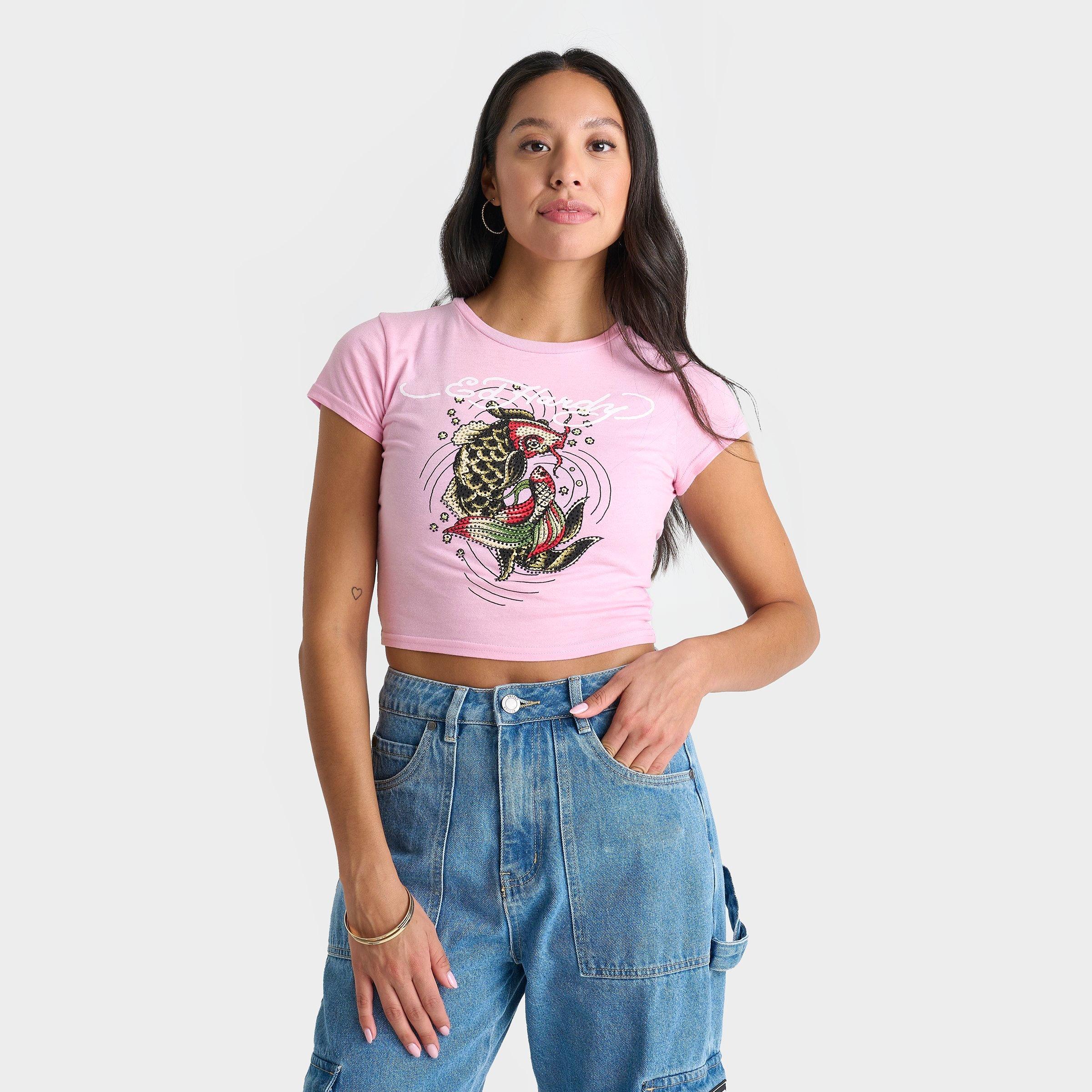 【雰囲気抜群❗️】00's Ed Hardy 鯉 和柄 黒 チビTシャツ Y2K Ed Hardy Women Size Large Y2K Koi Fish cropped Tee Shirt