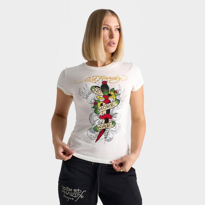 [angle] view of Women's Ed Hardy Rhinestone Dagger Fitted T-Shirt in White Click to zoom