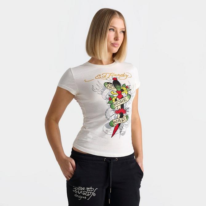 [angle] view of Women's Ed Hardy Rhinestone Dagger Fitted T-Shirt in White Click to zoom