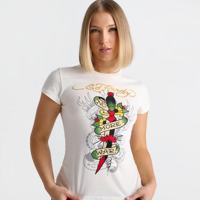 [angle] view of Women's Ed Hardy Rhinestone Dagger Fitted T-Shirt in White Click to zoom