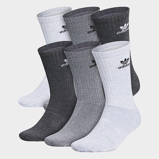 Front view of adidas Originals Trefoil 6-Pack Cushioned Crew Socks in Heather Grey/Black/White Click to zoom