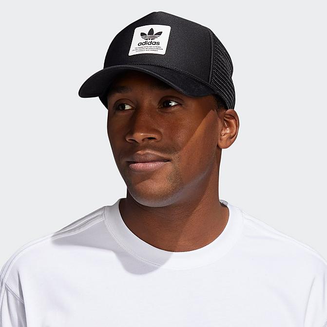 Right view of adidas Originals Dispatch Trucker Snapback Hat in Black Click to zoom