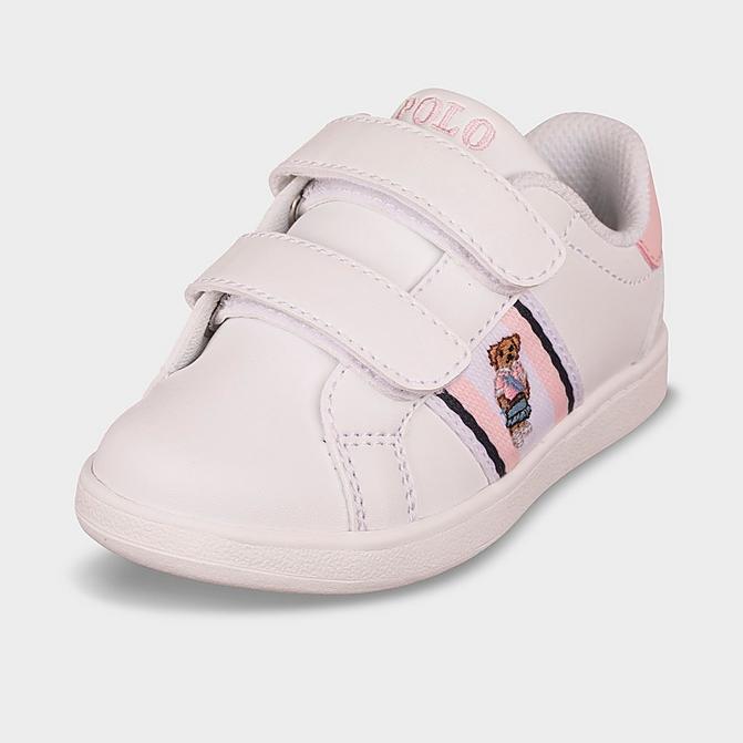 Right view of Girls' Toddler Polo Ralph Lauren Oaklynn Bear Faux-Leather Casual Shoes in White/Blue/Pink Click to zoom