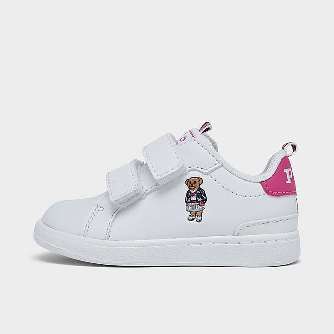 Right view of Girls' Toddler Polo Ralph Lauren Heritage Court Bear Casual Shoes in White/Pink Click to zoom
