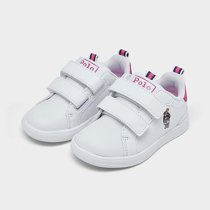 Three Quarter view of Girls' Toddler Polo Ralph Lauren Heritage Court Bear Casual Shoes in White/Pink Click to zoom