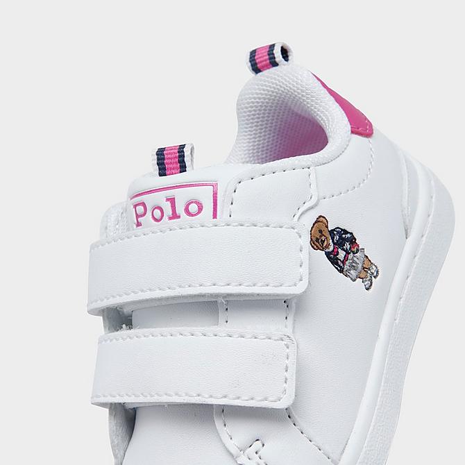 Front view of Girls' Toddler Polo Ralph Lauren Heritage Court Bear Casual Shoes in White/Pink Click to zoom