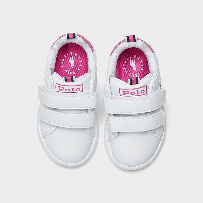 Back view of Girls' Toddler Polo Ralph Lauren Heritage Court Bear Casual Shoes in White/Pink Click to zoom