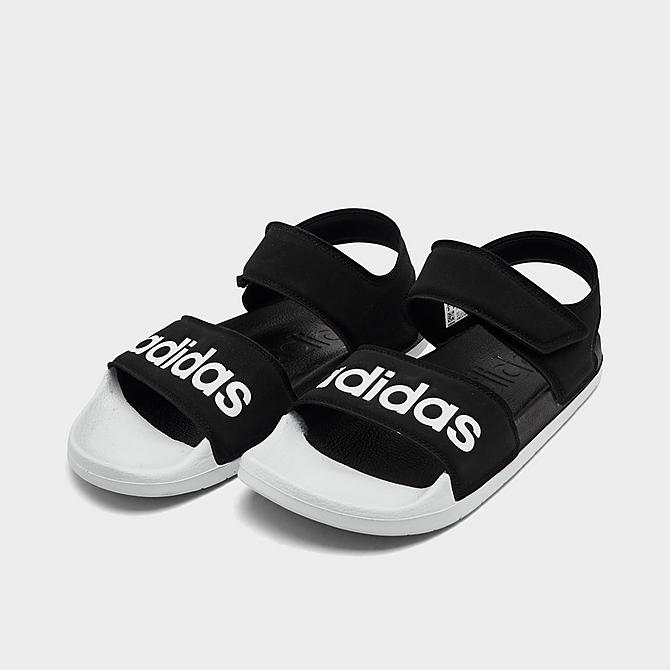 Three Quarter view of adidas Adilette Athletic Sandals (Men's Sizing) in Black/White/Black Click to zoom