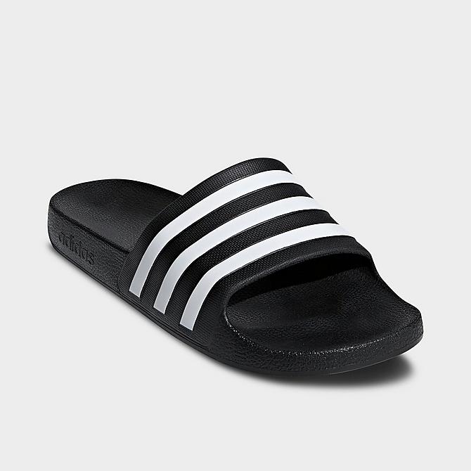 Three Quarter view of Women's adidas Originals adilette Aqua Slide Sandals in Black/White/Black Click to zoom
