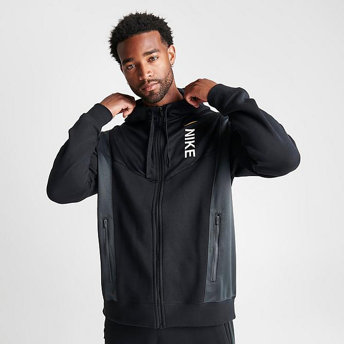 Back Left view of Men's Nike Sportswear Hybrid Fleece Full-Zip Hoodie in Black/Dark Smoke Grey Click to zoom