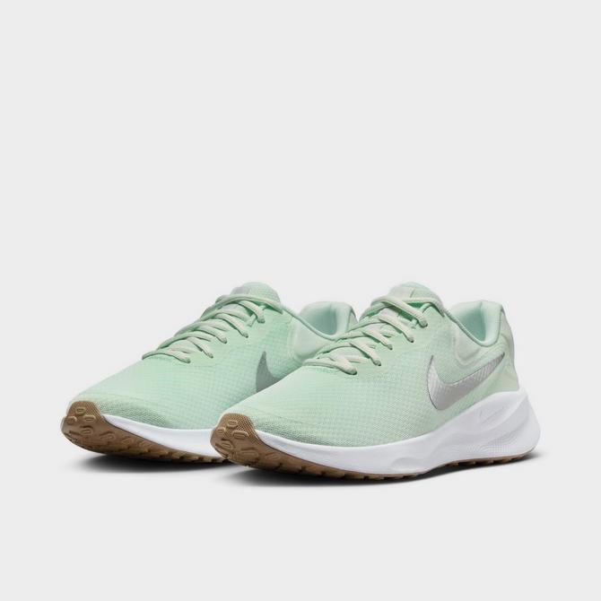 Three Quarter view of Women's Nike Revolution 7 Running Shoes in Barely Green/White/Platinum Tint/Metallic Silver Click to zoom