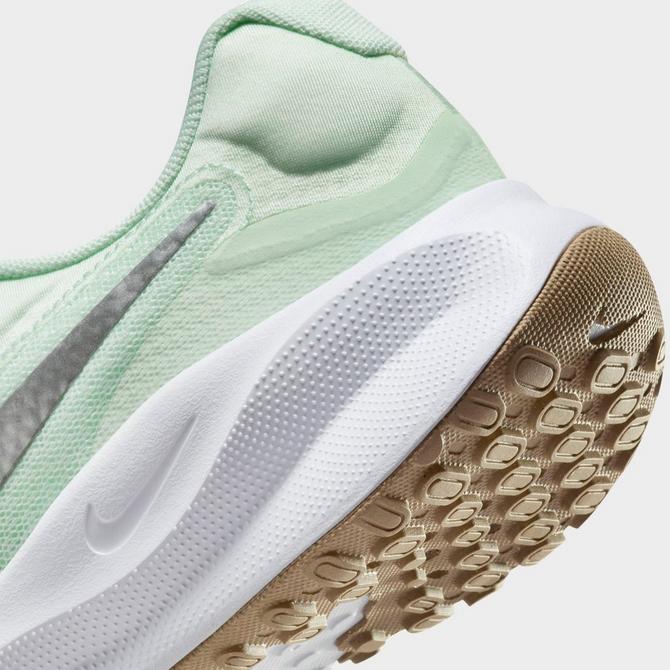 Front view of Women's Nike Revolution 7 Running Shoes in Barely Green/White/Platinum Tint/Metallic Silver Click to zoom