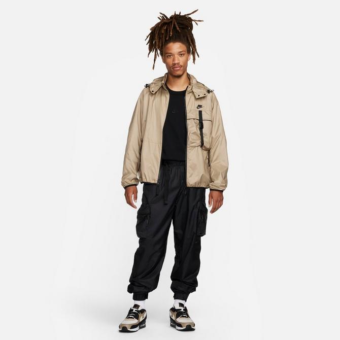 Front Three Quarter view of Men's Nike Sportswear Tech Woven N24 Packable Lined Jacket in Khaki/Black Click to zoom