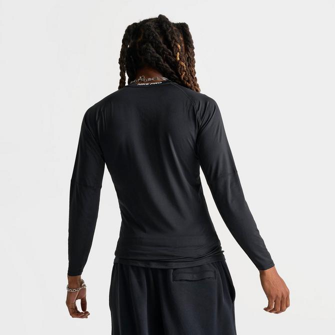 [angle] view of Men's Nike Pro Dri-FIT Tight Long-Sleeve Fitness Top in Black/White Click to zoom