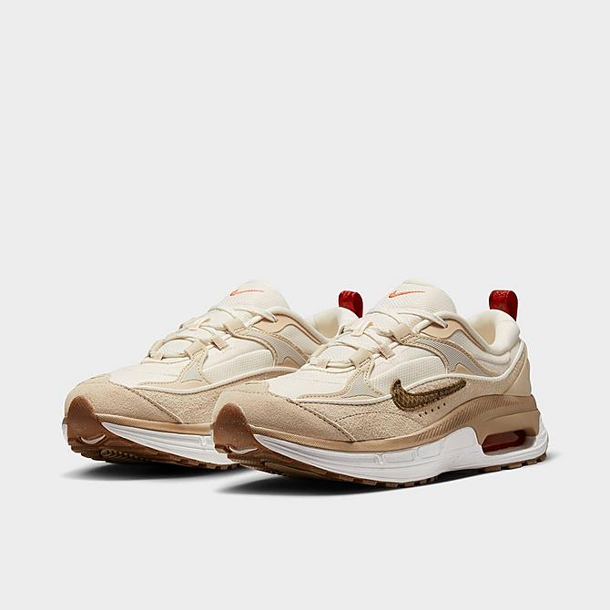 Three Quarter view of Women's Nike Air Max Bliss SE Casual Shoes in Pale Ivory/Picante Red/Summit White/Oatmeal/Desert/Cacao Wow Click to zoom
