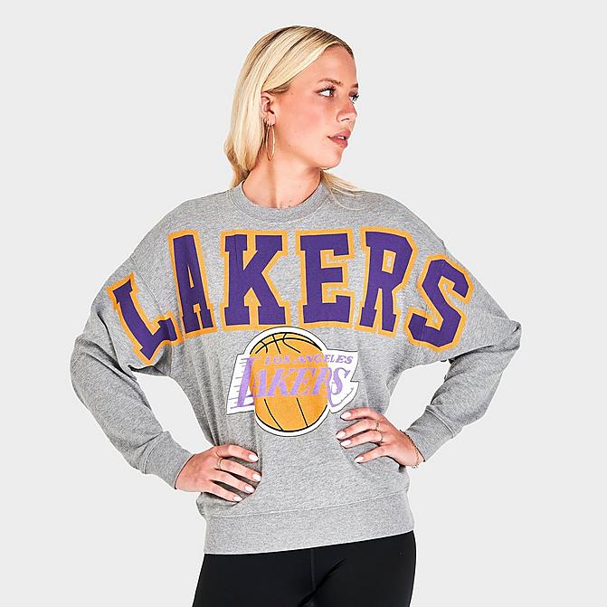 Front view of Women's Mitchell & Ness Los Angeles Lakers Logo Fleece Crewneck Sweatshirt in Grey Heather Click to zoom