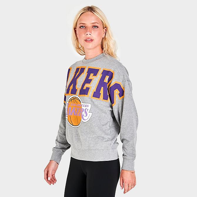 Back Left view of Women's Mitchell & Ness Los Angeles Lakers Logo Fleece Crewneck Sweatshirt in Grey Heather Click to zoom