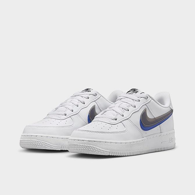 Three Quarter view of Big Kids' Nike Air Force 1 Impact Next Nature Casual Shoes in White/Hyper Royal/Summit White/Black Click to zoom