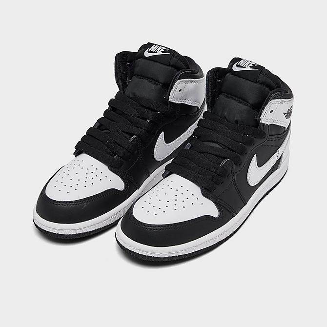 Three Quarter view of Little Kids' Air Jordan Retro 1 High OG Casual Shoes in Black/White/White Click to zoom