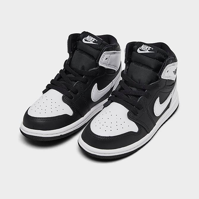 Three Quarter view of Kids' Toddler Air Jordan Retro 1 High OG Casual Shoes in Black/White/White Click to zoom