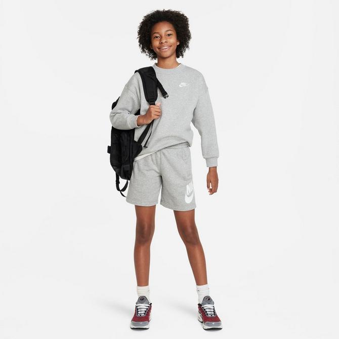 [angle] view of Girls' Nike Sportswear Club Fleece Oversized Sweatshirt in Dark Grey Heather/White Click to zoom