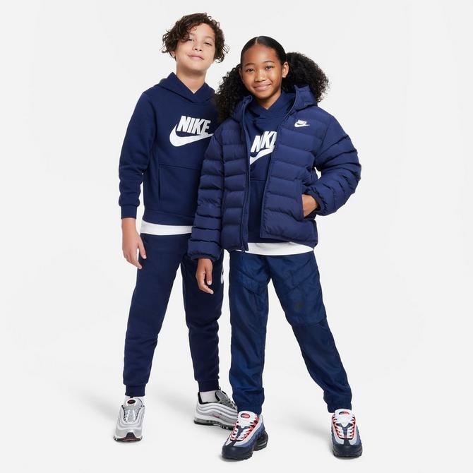 [angle] view of Big Kids' Nike Sportswear Club Fleece Pullover Hoodie in Midnight Navy/White Click to zoom