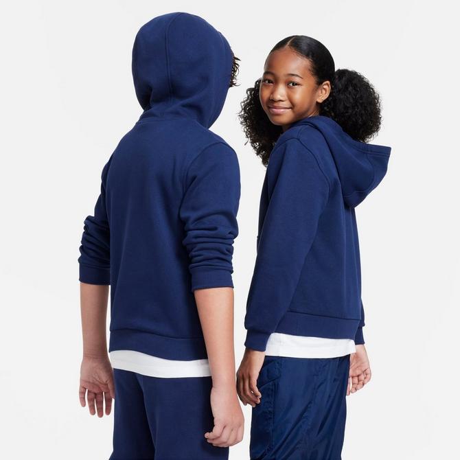 [angle] view of Big Kids' Nike Sportswear Club Fleece Pullover Hoodie in Midnight Navy/White Click to zoom