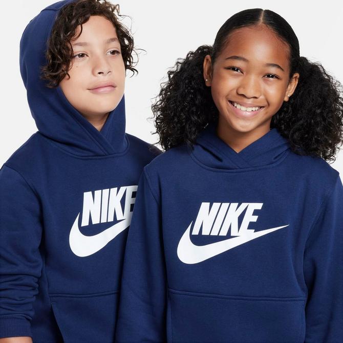 [angle] view of Big Kids' Nike Sportswear Club Fleece Pullover Hoodie in Midnight Navy/White Click to zoom