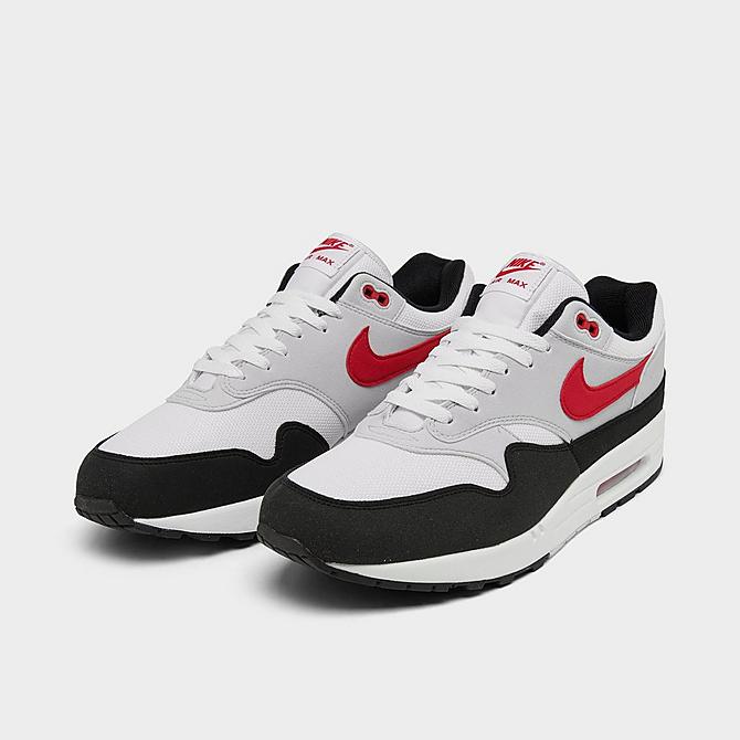 Three Quarter view of Men's Nike Air Max 1 Casual Shoes in White/University Red/Pure Platinum/Black Click to zoom