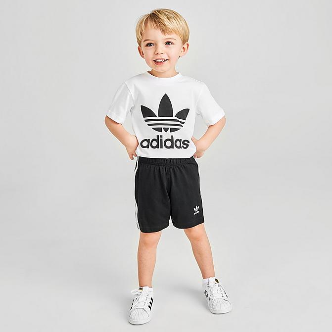 Front view of Kids' Infant and Toddler adidas Original Trefoil T-Shirt and Shorts Set in White/Black Click to zoom