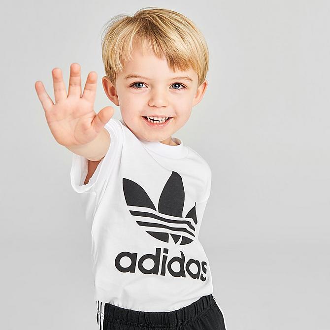 Back Left view of Kids' Infant and Toddler adidas Original Trefoil T-Shirt and Shorts Set in White/Black Click to zoom