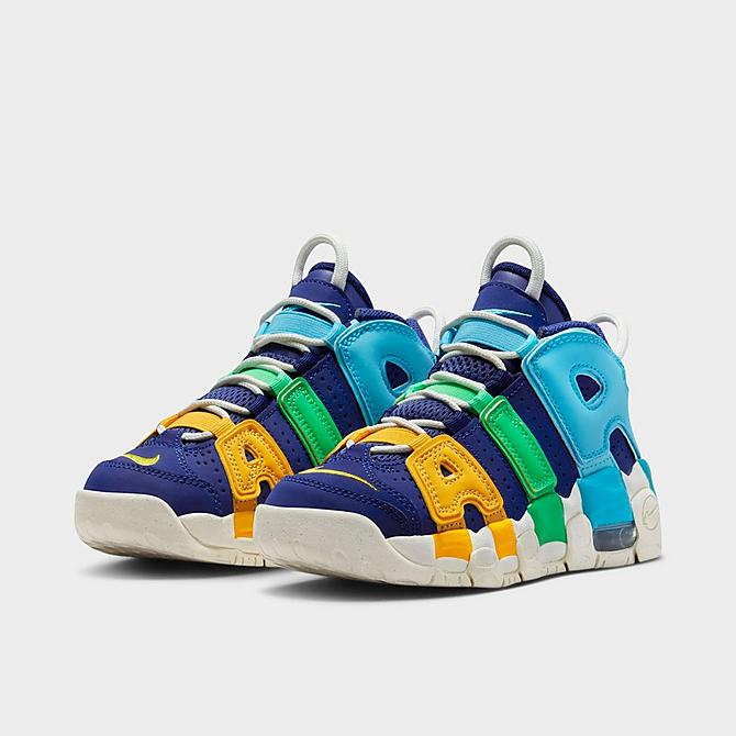 Three Quarter view of Boys' Little Kids' Nike Air More Uptempo Basketball Shoes in Deep Royal Blue/Opti Yellow/Baltic Blue/Electric Algae/Sail Click to zoom